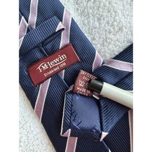 T.M. Lewin	Navy Pink Striped Repp Woven Hand Made 100% Silk Tie Necktie 60 x 3.5